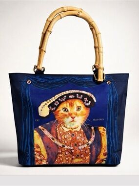 Vintage Salamander Graphix Henry VIII cat Canvas shopping tote w/bamboo handles.
